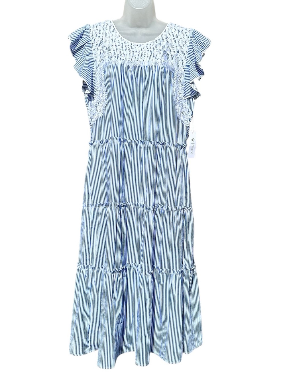J MARIE Women L Julianna Blue White Stripe Embroidered Ruffles Tiered Midi Dress